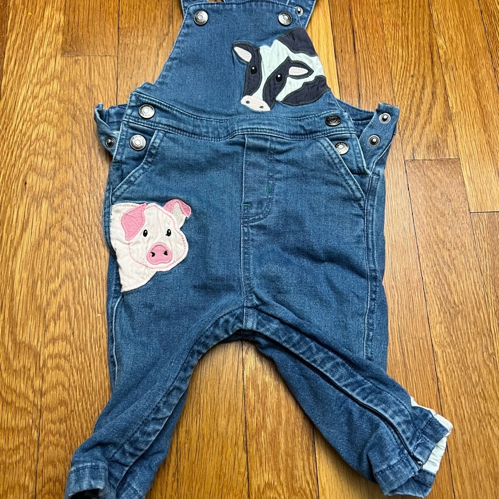 Baby Boden Denim Overalls with Pig and Cow Patches